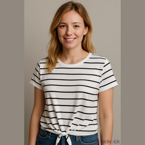 Shein 𝅺Shein Striped Knot-Front T-Shirt - Picture 1 of 9